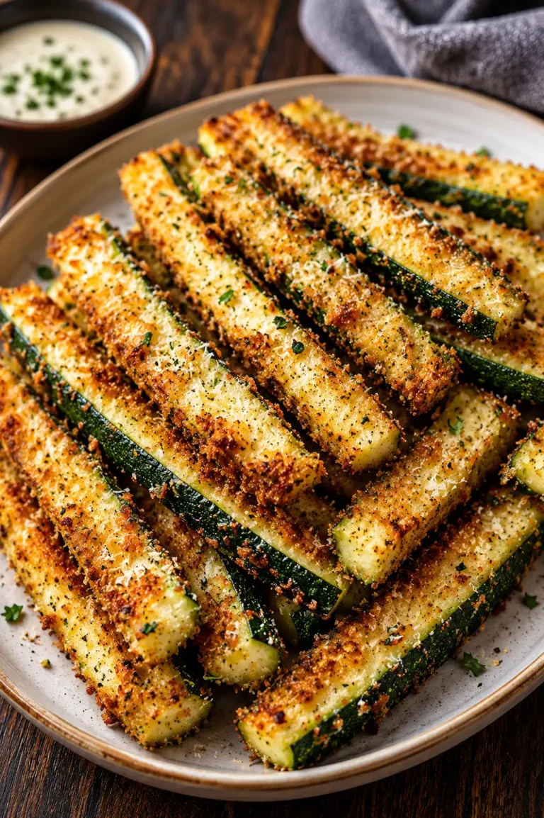 Golden crispy parmesan zucchini fries served with creamy dipping sauce.