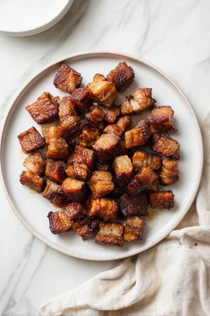 Crispy pork belly bites garnished and ready to serve