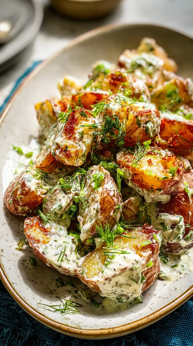 Golden roasted potato cubes tossed in a creamy herb dressing with fresh dill.