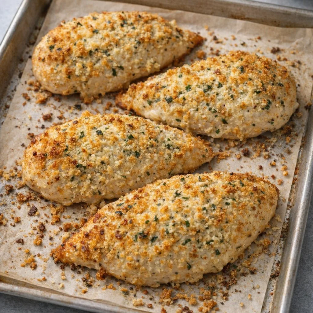 Crispy Ranch Sheet Pan Chicken served with veggies on a baking tray
