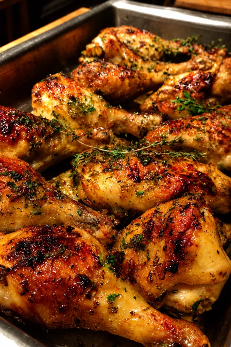 crispy roasted chicken drumsticks in oven with herbs and golden skin
