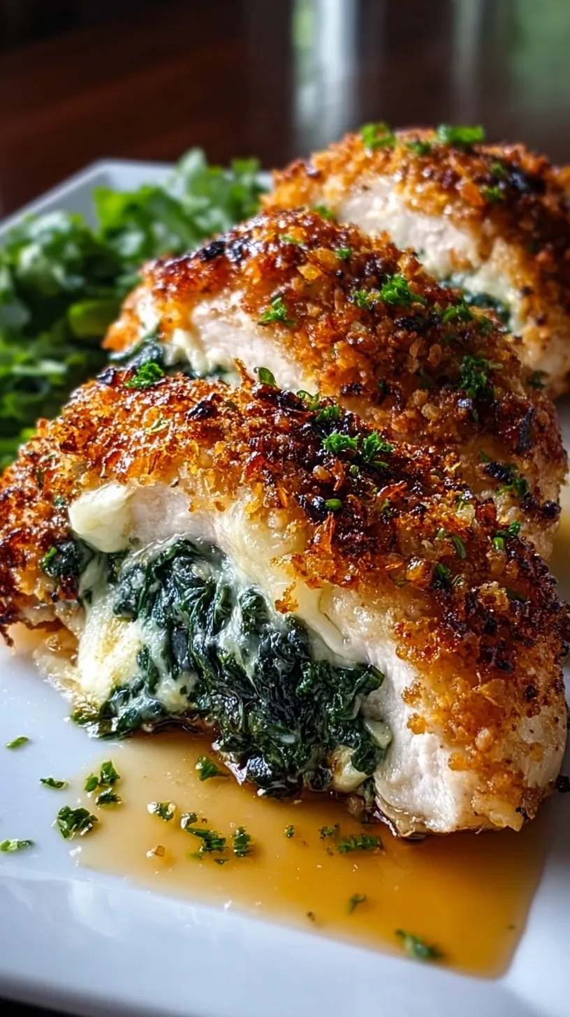 Golden brown panko-crusted chicken breast stuffed with melted cheese and spinach