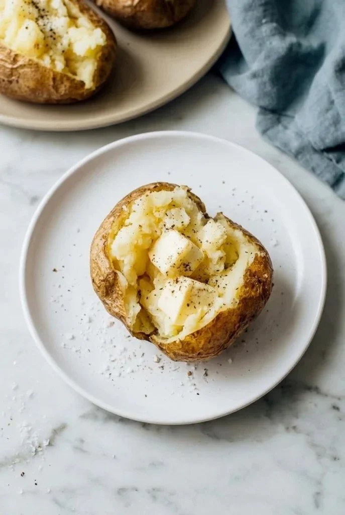 Delicious crock pot baked potatoes ready to serve on a plate.