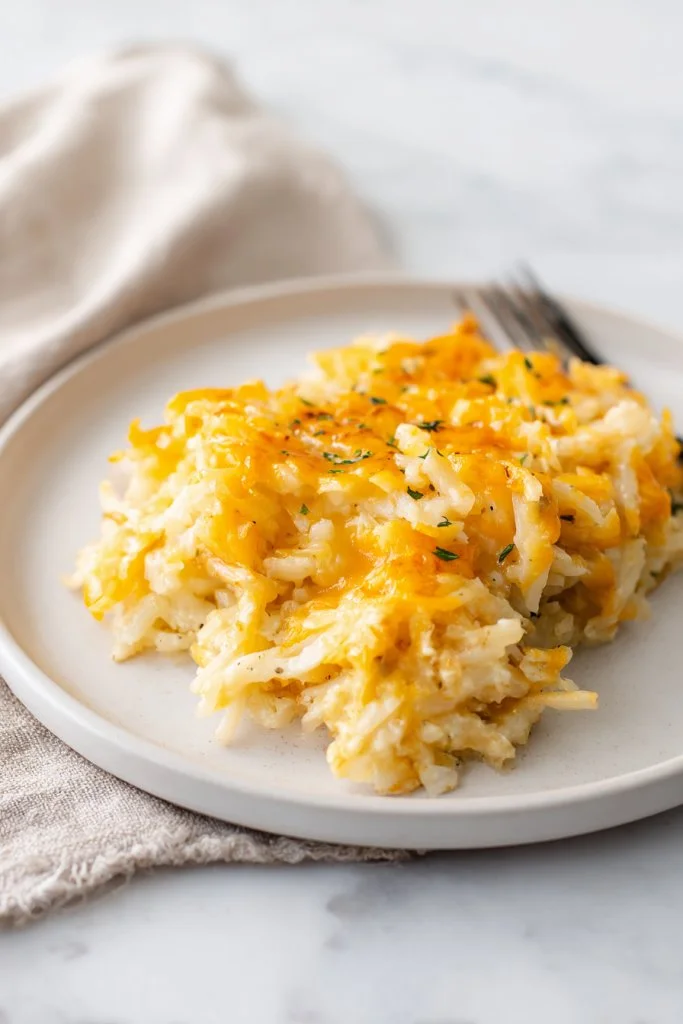 A delicious Crock Pot Hash Brown Casserole served in a bowl with a serving spoon.