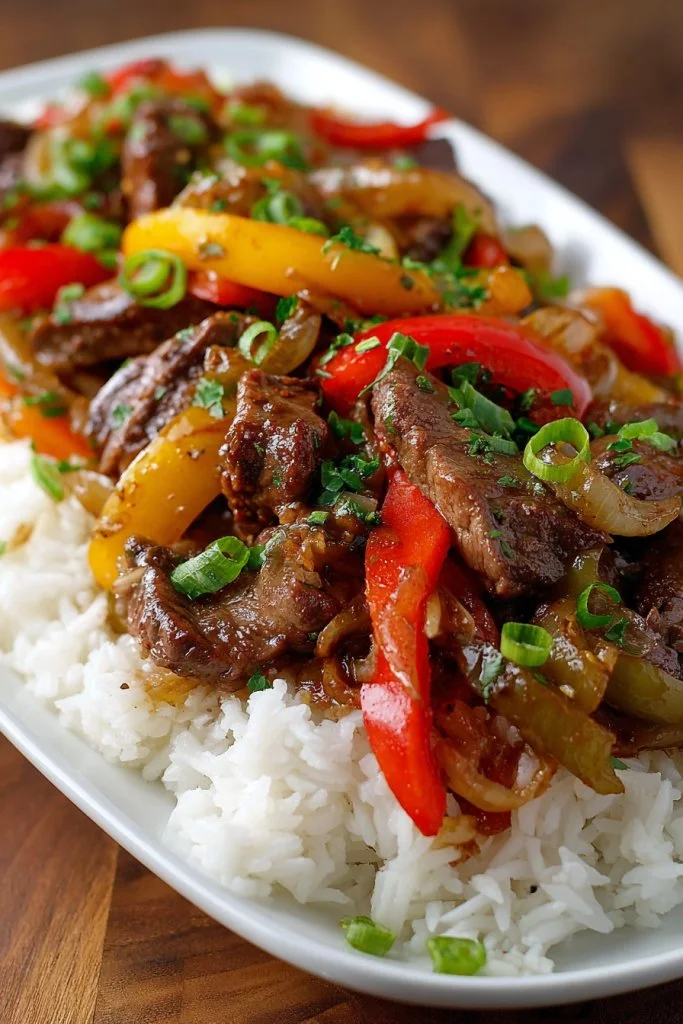 Delicious Crock Pot Pepper Steak ready to serve with colorful bell peppers