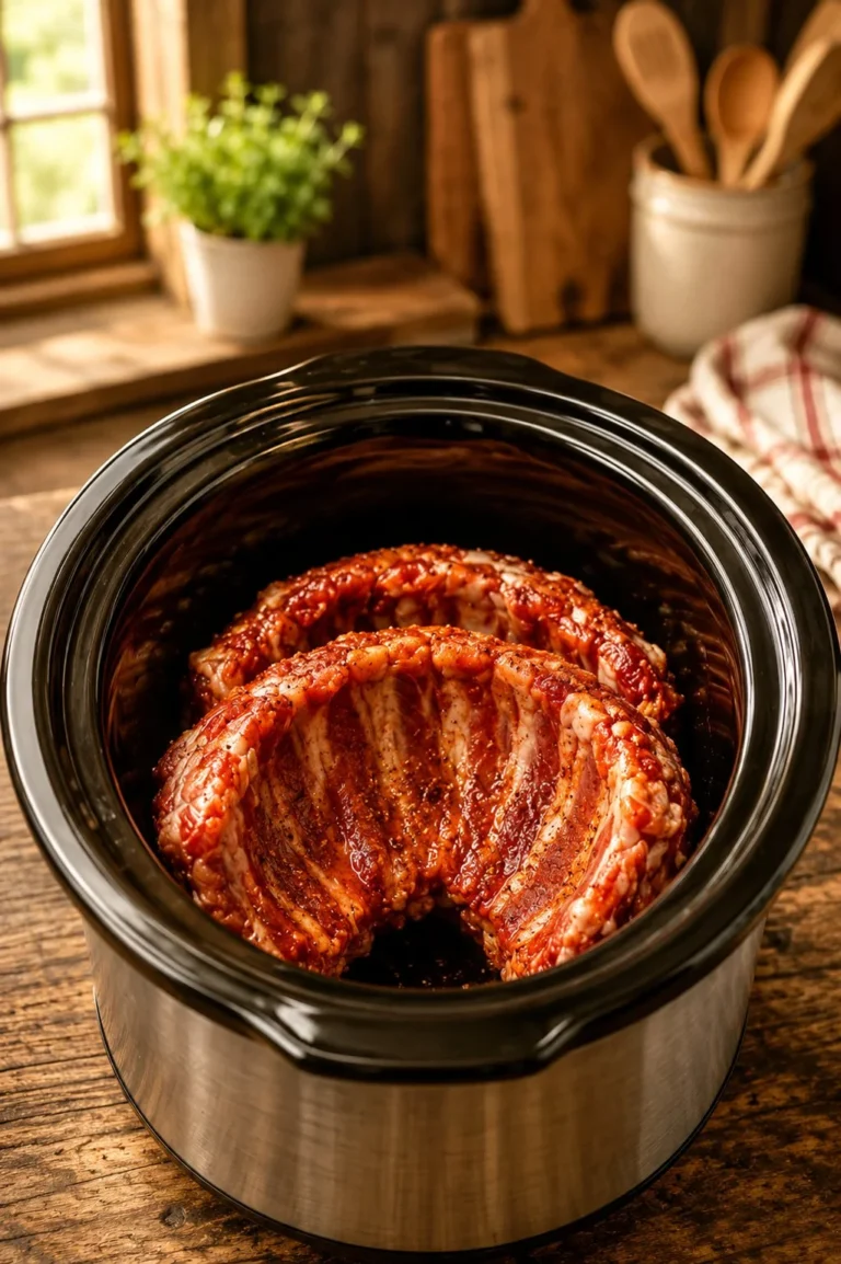 Delicious crockpot barbecue ribs served on a plate with sauce and sides.