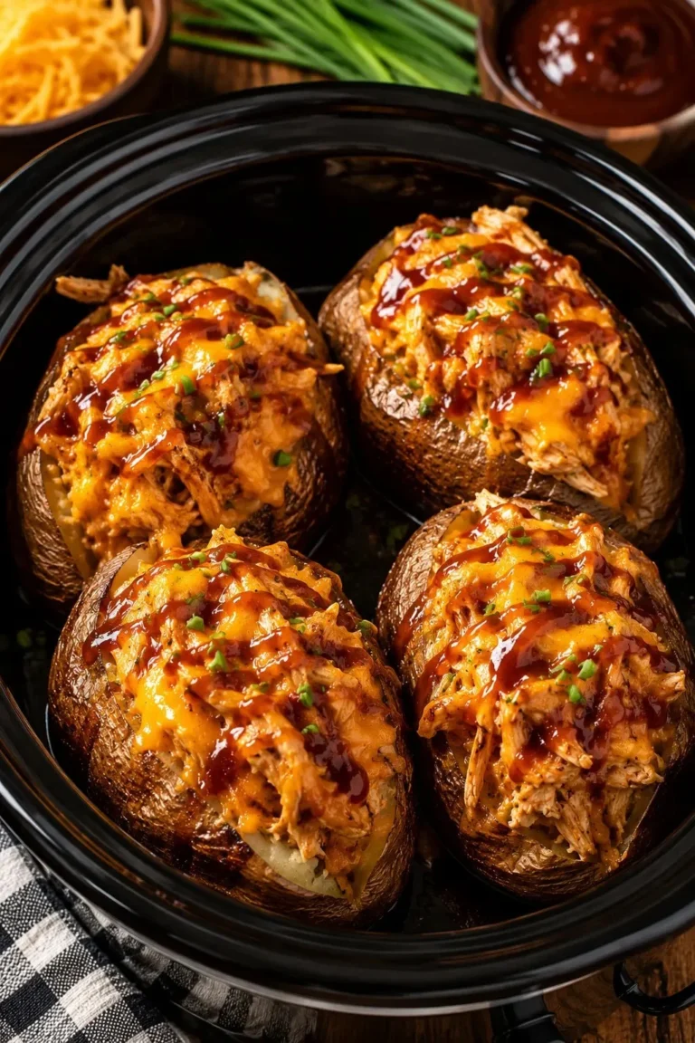 Crockpot BBQ Cheddar Chicken Stuffed Baked Potatoes served on a plate
