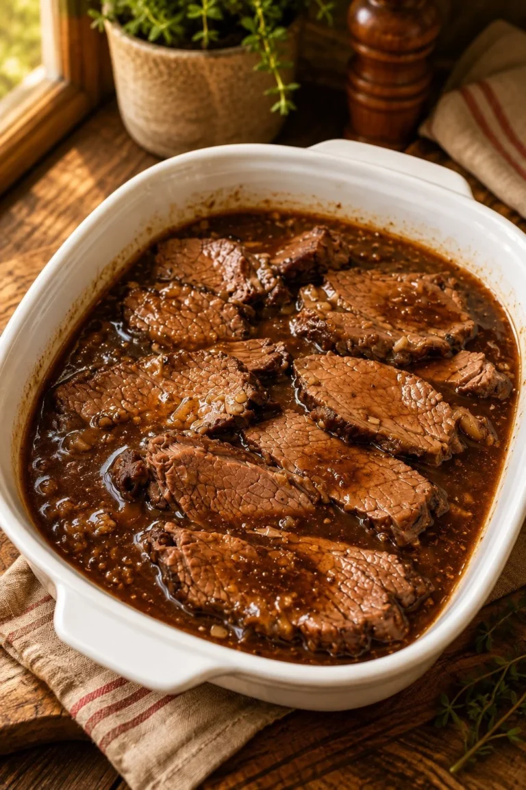 Tender crockpot beef sirloin tip roast served with vegetables.