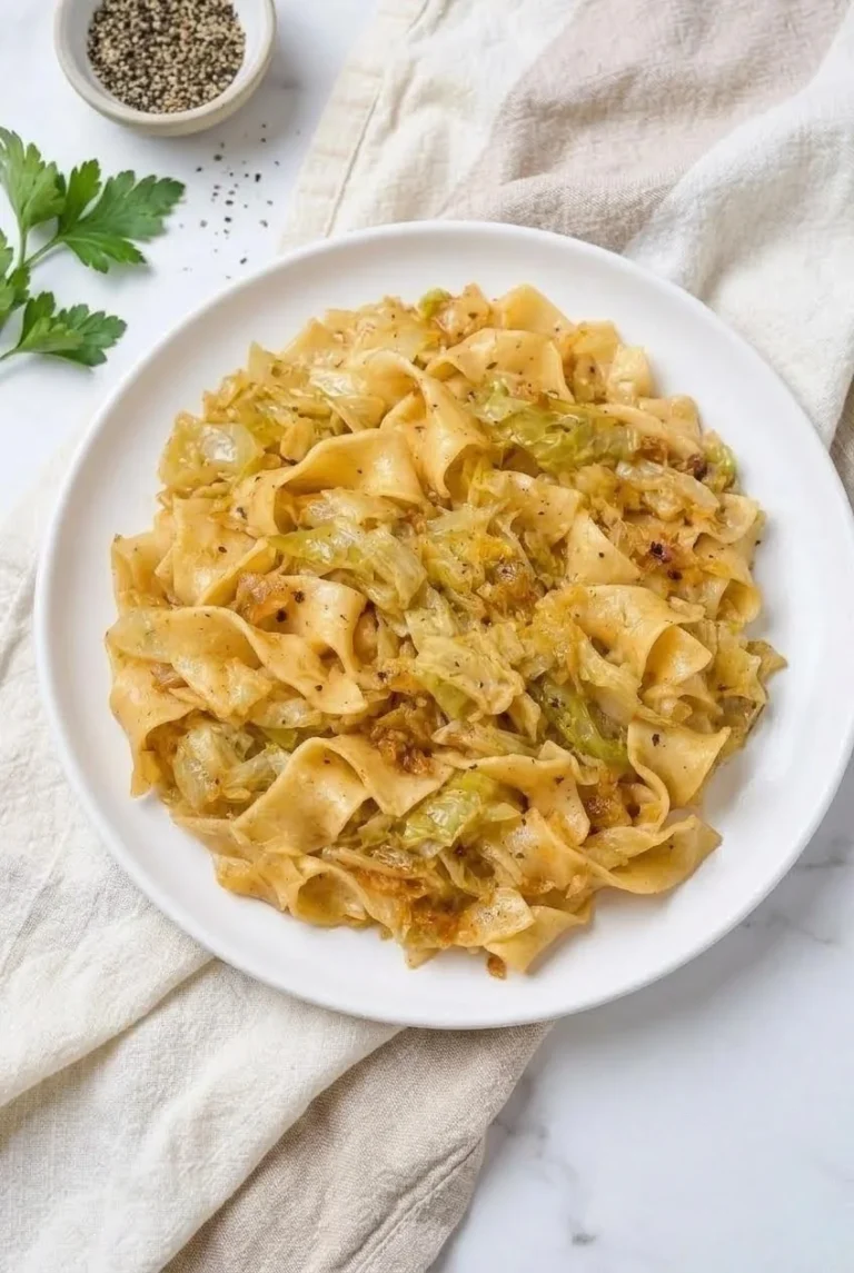 Crockpot cabbage and noodles dish served on a plate with fresh herbs.