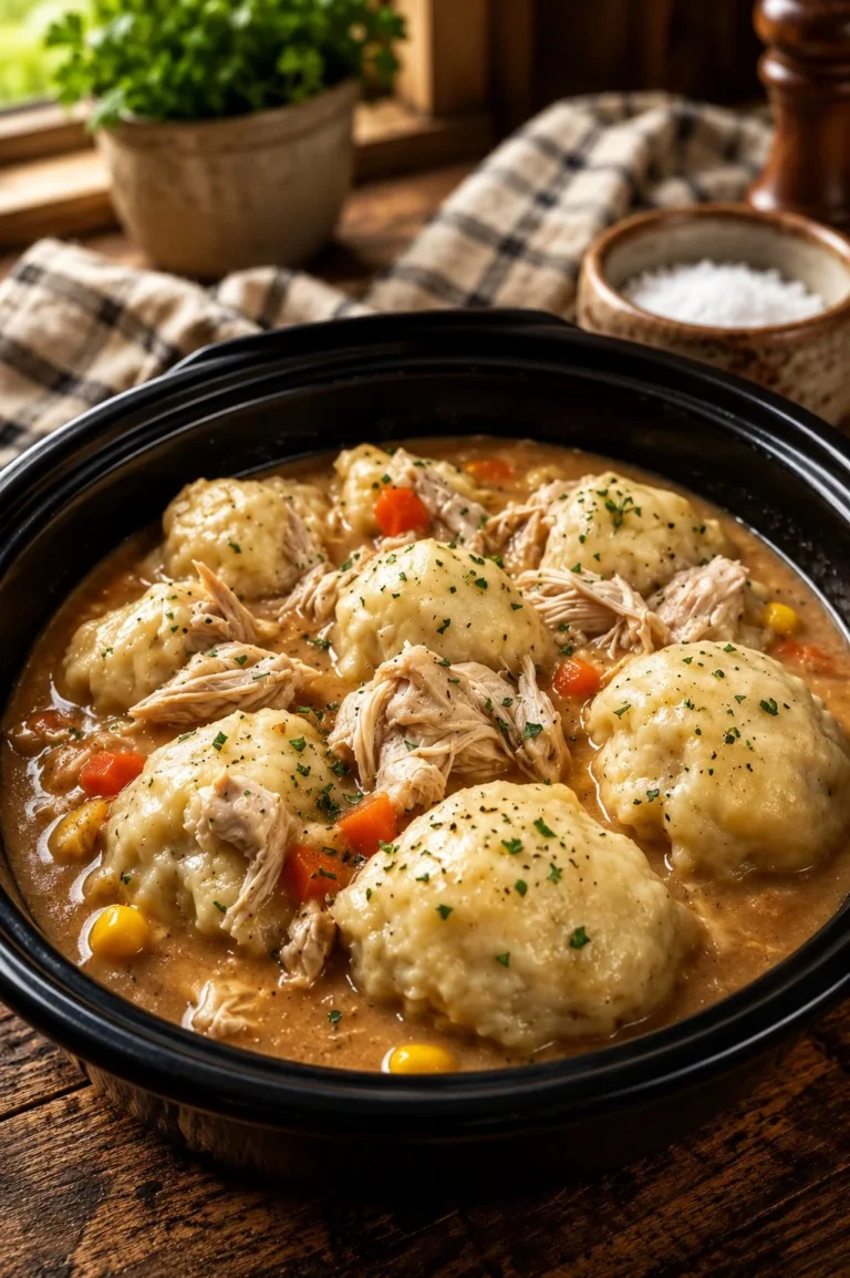Delicious Crockpot chicken and dumplings served in a bowl with herbs.