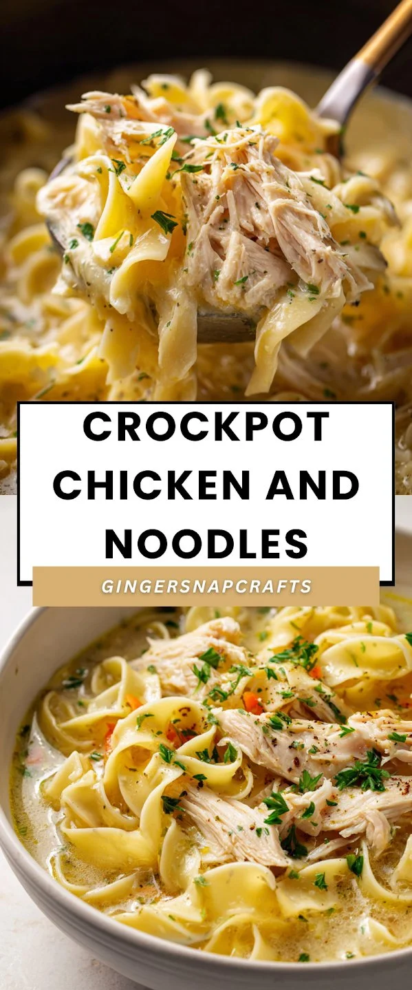 A hearty dish of Crockpot Chicken and Noodles in a bowl, garnished with parsley.