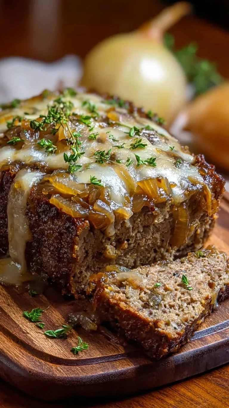 A sliced slow cooker meatloaf topped with caramelized onions and melted Gruyere cheese.