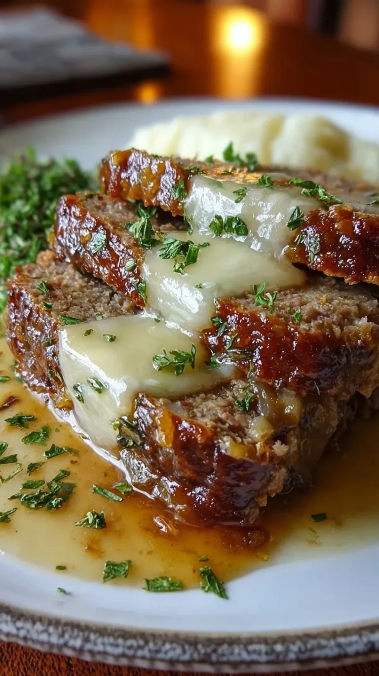 A sliced Crockpot French Onion Meatloaf topped with melted Swiss cheese and crispy onions in a slow cooker.