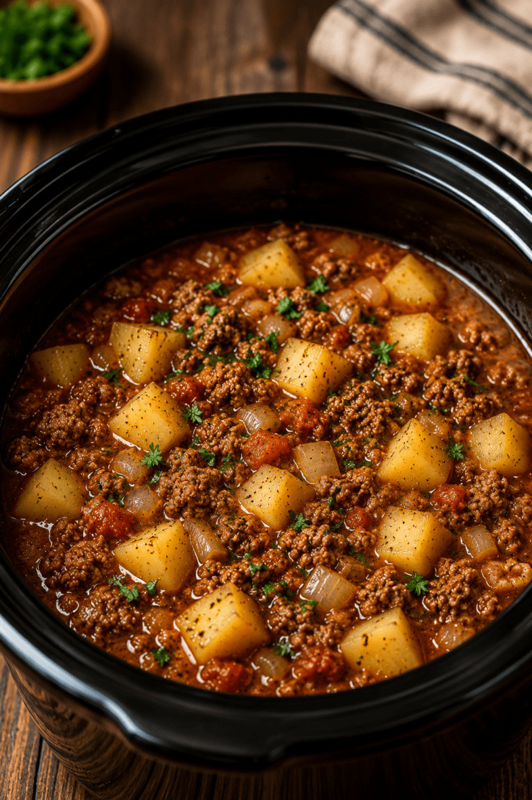 Crockpot Hamburger Potato Stew made with ground beef, diced potatoes, onions, and a rich tomato-based broth cooking in a slow cooker.