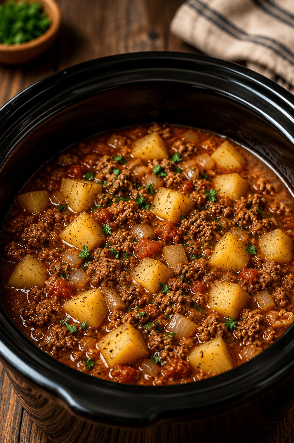 Crockpot Hamburger Potato Stew made with ground beef, diced potatoes, onions, and a rich tomato-based broth cooking in a slow cooker.