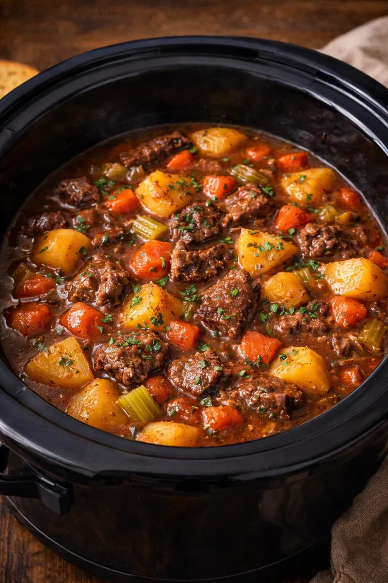 Close-up of crockpot hearty beef and potato stew with tender beef chunks, carrots, celery, and potatoes in rich savory broth.