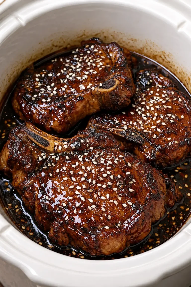Tender crockpot honey soy pork chops topped with sesame seeds in rich savory sauce.