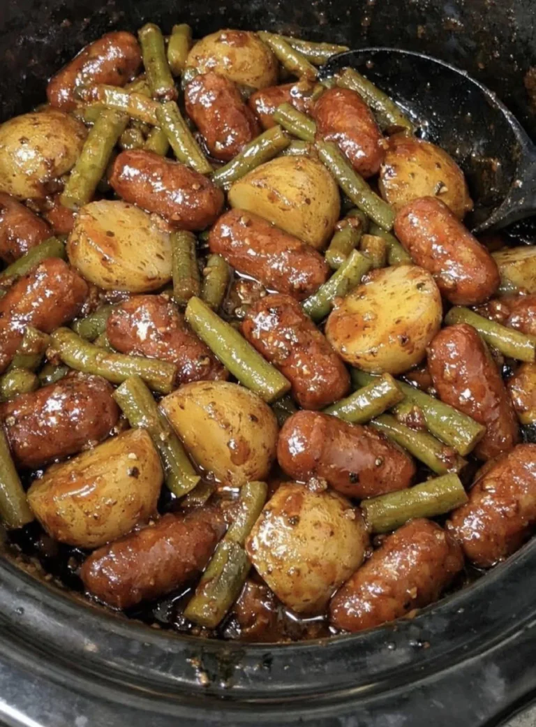 crockpot lil smokies with green beans and baby potatoes in sauce