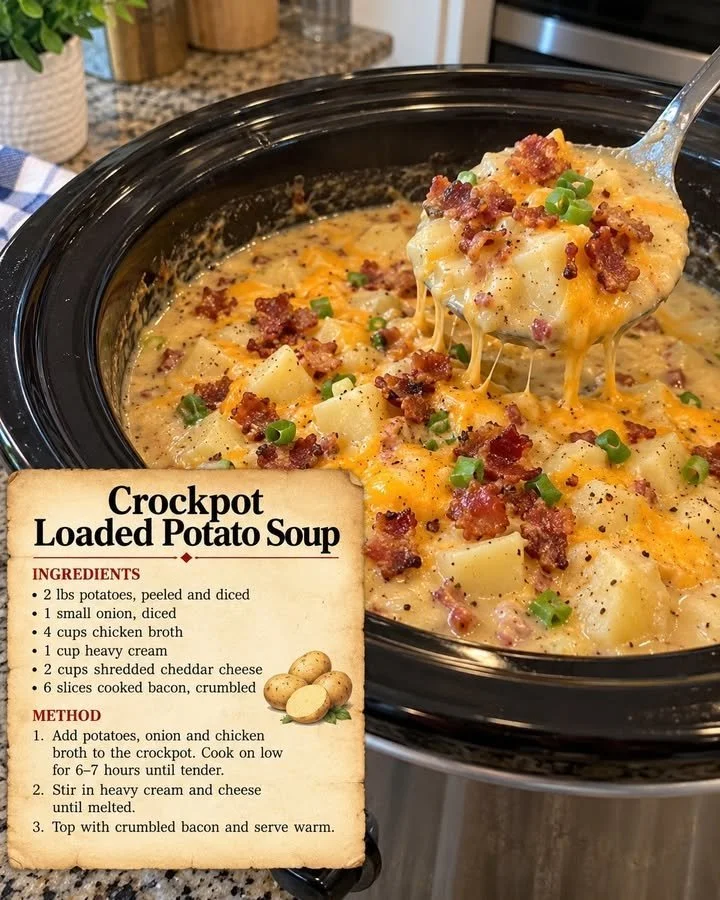 Crockpot loaded potato soup in a bowl, garnished with cheese and green onions.