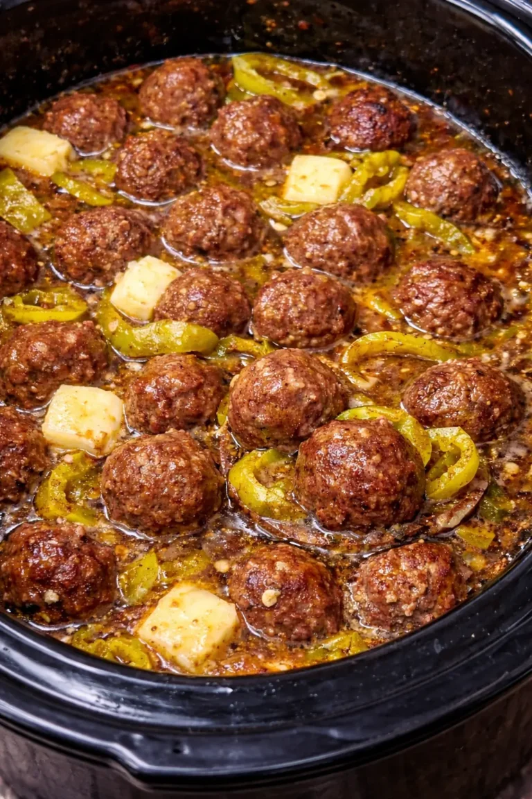 Crockpot Mississippi Meatballs in a slow cooker with rich buttery gravy and pepperoncini peppers