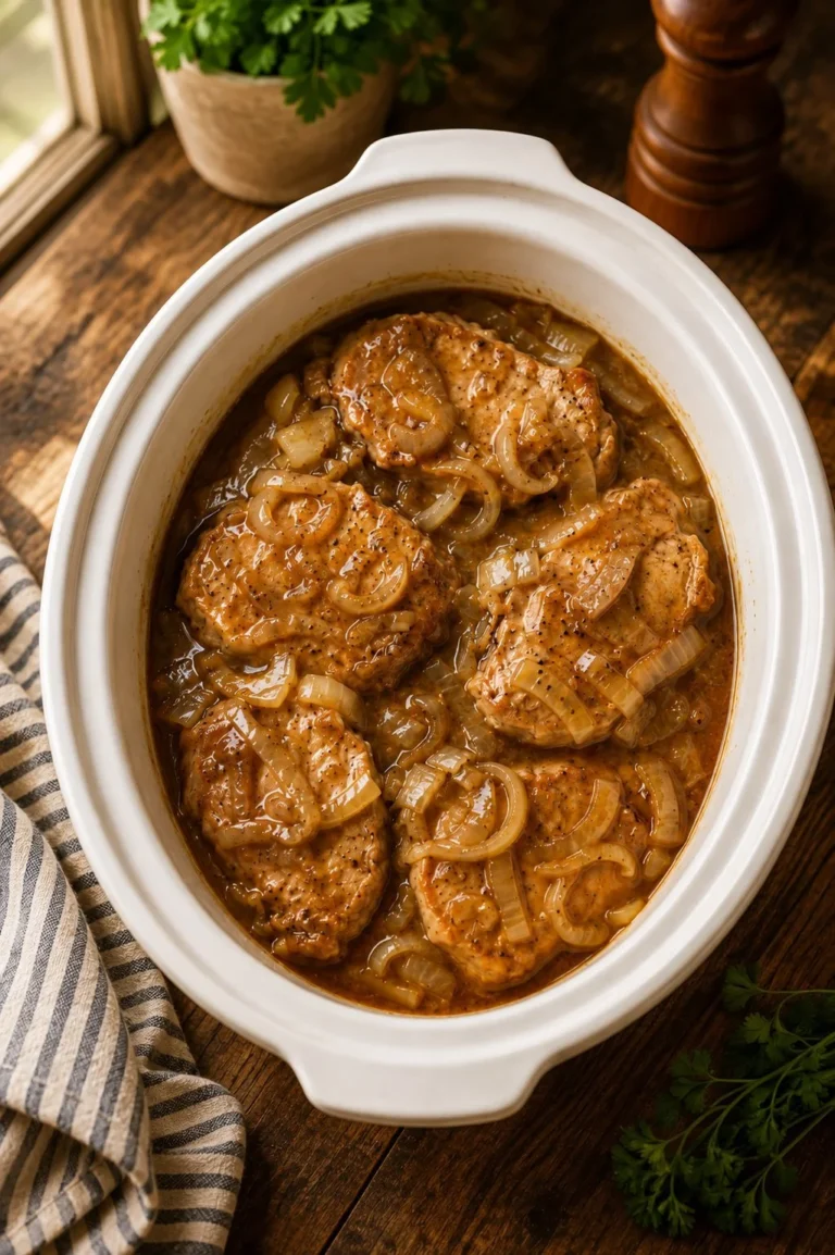 Crockpot onion gravy pork chops served on a plate with vegetables