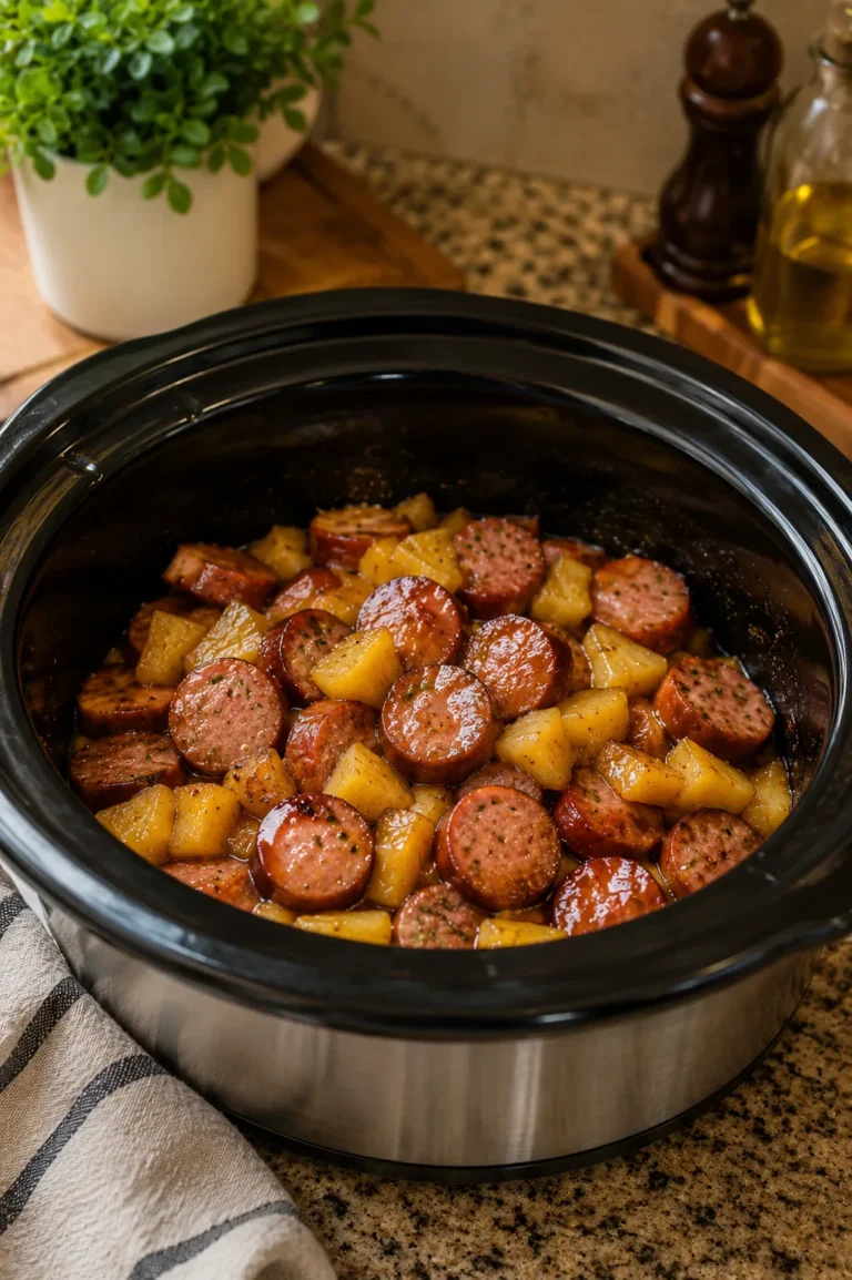 Slow cooker pineapple sausage with smoked sausage slices and pineapple chunks in a sweet savory glaze.