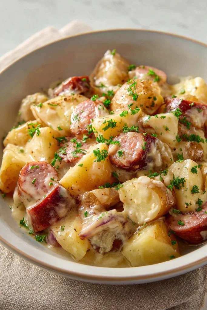 Crockpot sausage and potatoes dish ready to serve in a bowl.