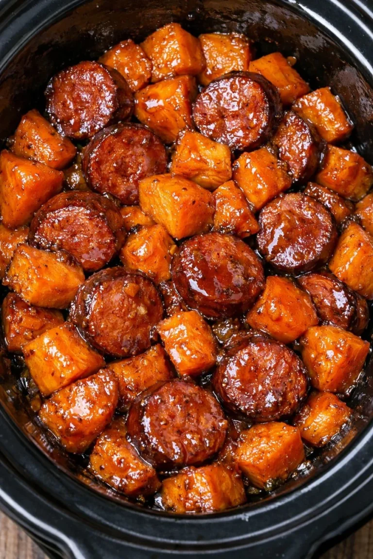 A vertical, top-down close-up shot of a black slow cooker filled with a glistening mixture of sliced smoked sausage rounds and cubed sweet potatoes. The entire dish is coated in a thick, amber-colored honey glaze with visible flecks of black pepper and herbs. The sausage edges look caramelized and tacky, and the sweet potatoes are soft and vibrant orange.