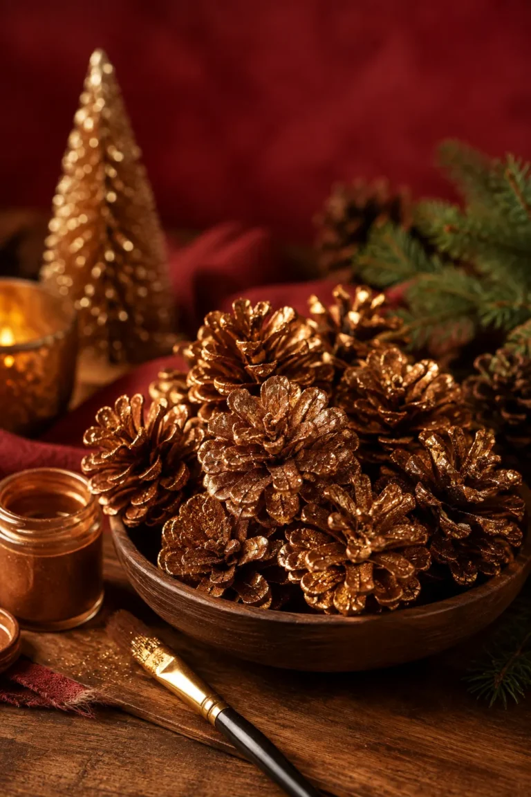 Handmade crushed pinecone ornaments painted gold and hanging from a Christmas tree