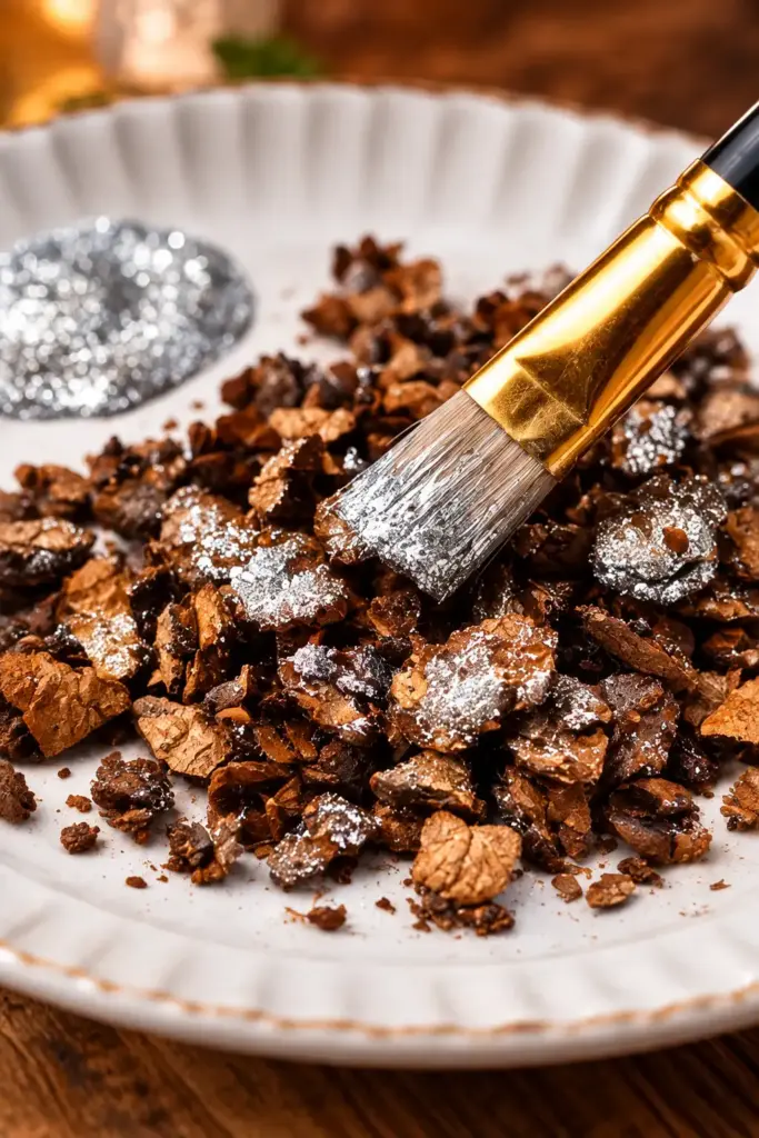 Crushed pinecone ornaments decorated with shimmer paint