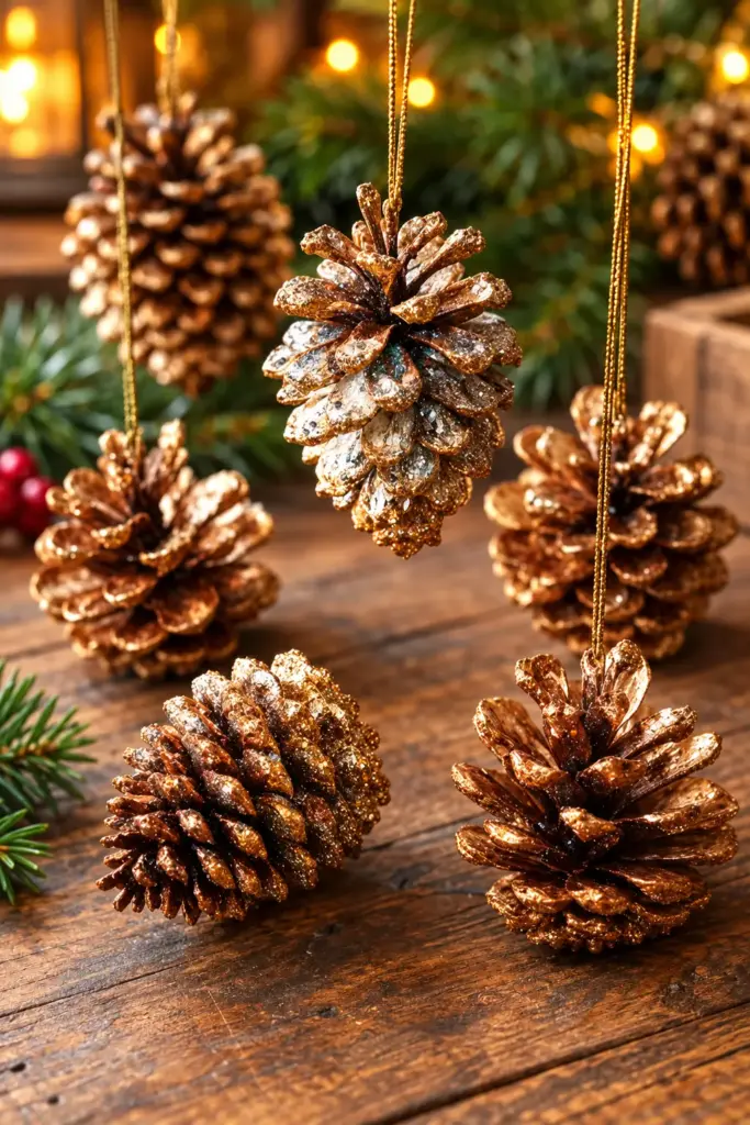 Crushed pinecone ornaments decorated with shimmer paint