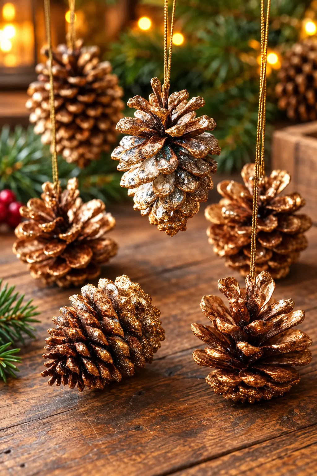 Crushed pinecone ornaments decorated with shimmer paint