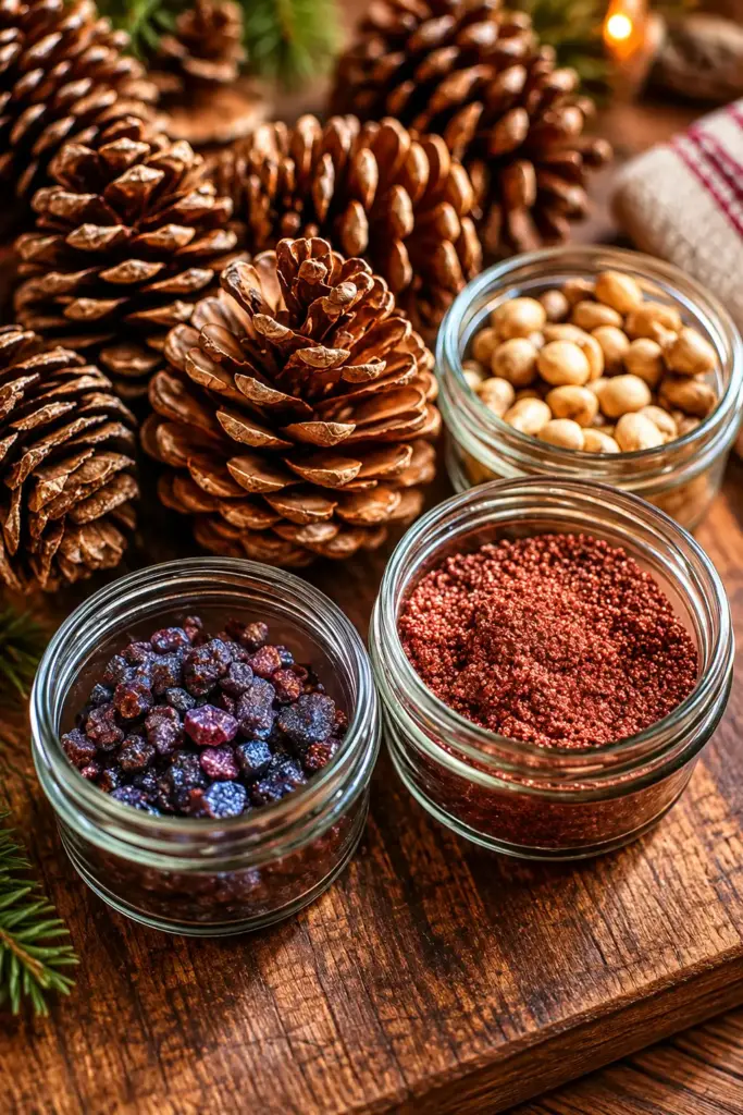 Crushed pinecone ornaments decorated with shimmer paint