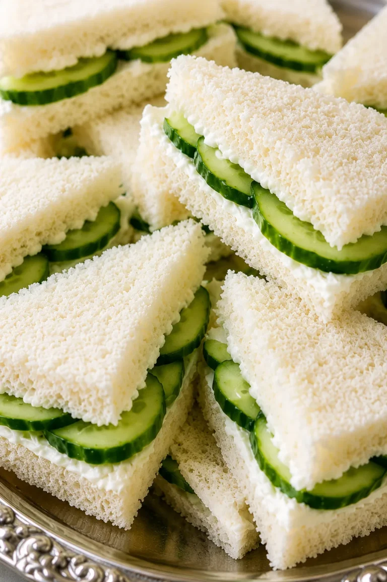 4 Ingredient Cucumber Tea Sandwiches made with cream cheese, mayonnaise, fresh cucumber, and soft white bread, cut into triangles and served on a platter.