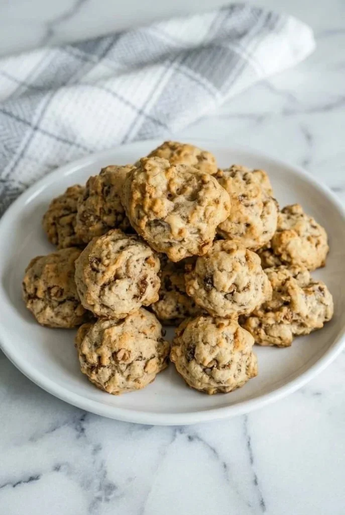 Freshly baked Date Walnut Raisin Cookies on a rustic wooden table