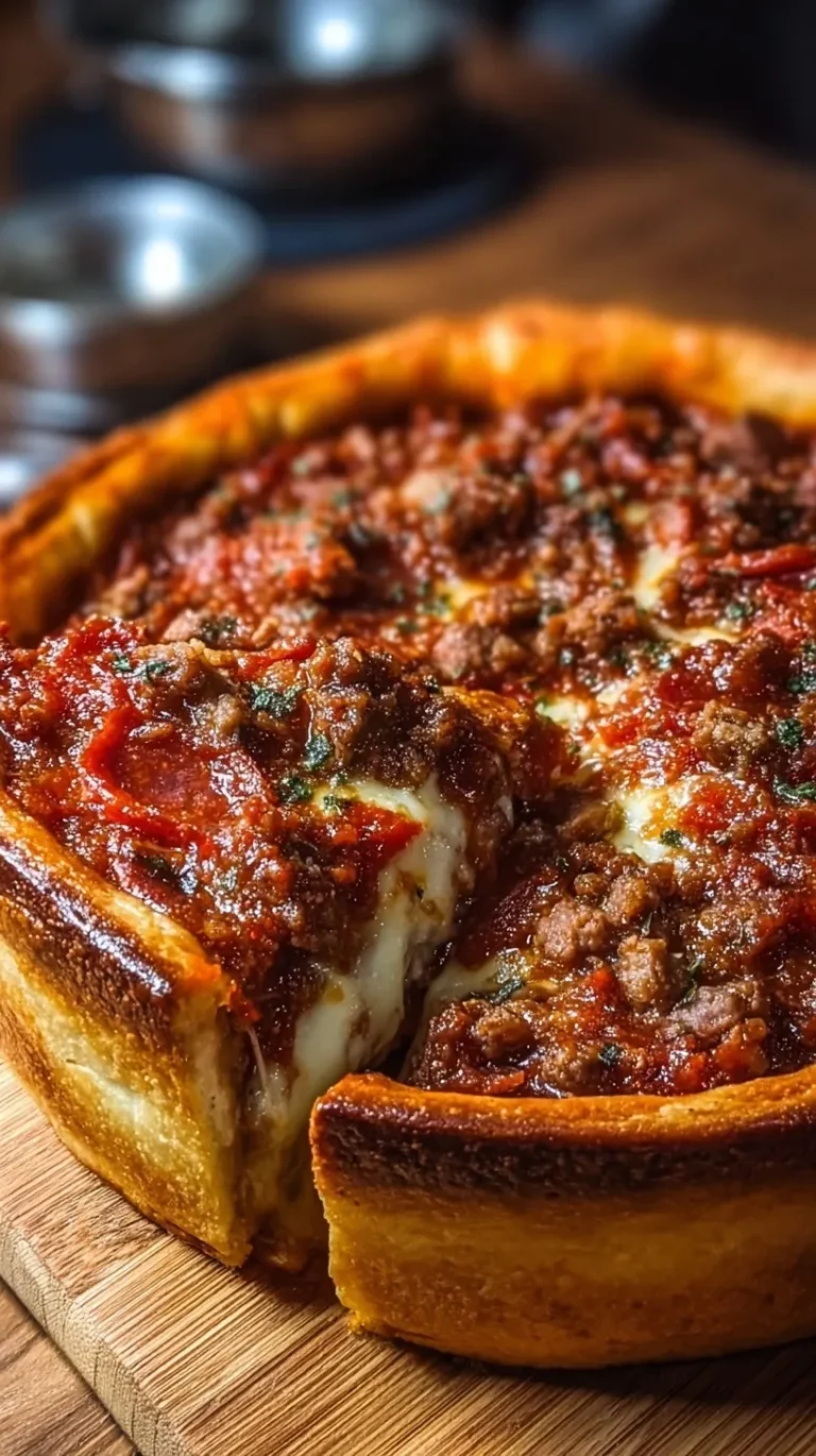 A thick slice of deep dish meat lover's pizza showing layers of cheese, sausage, pepperoni, and tomato sauce.