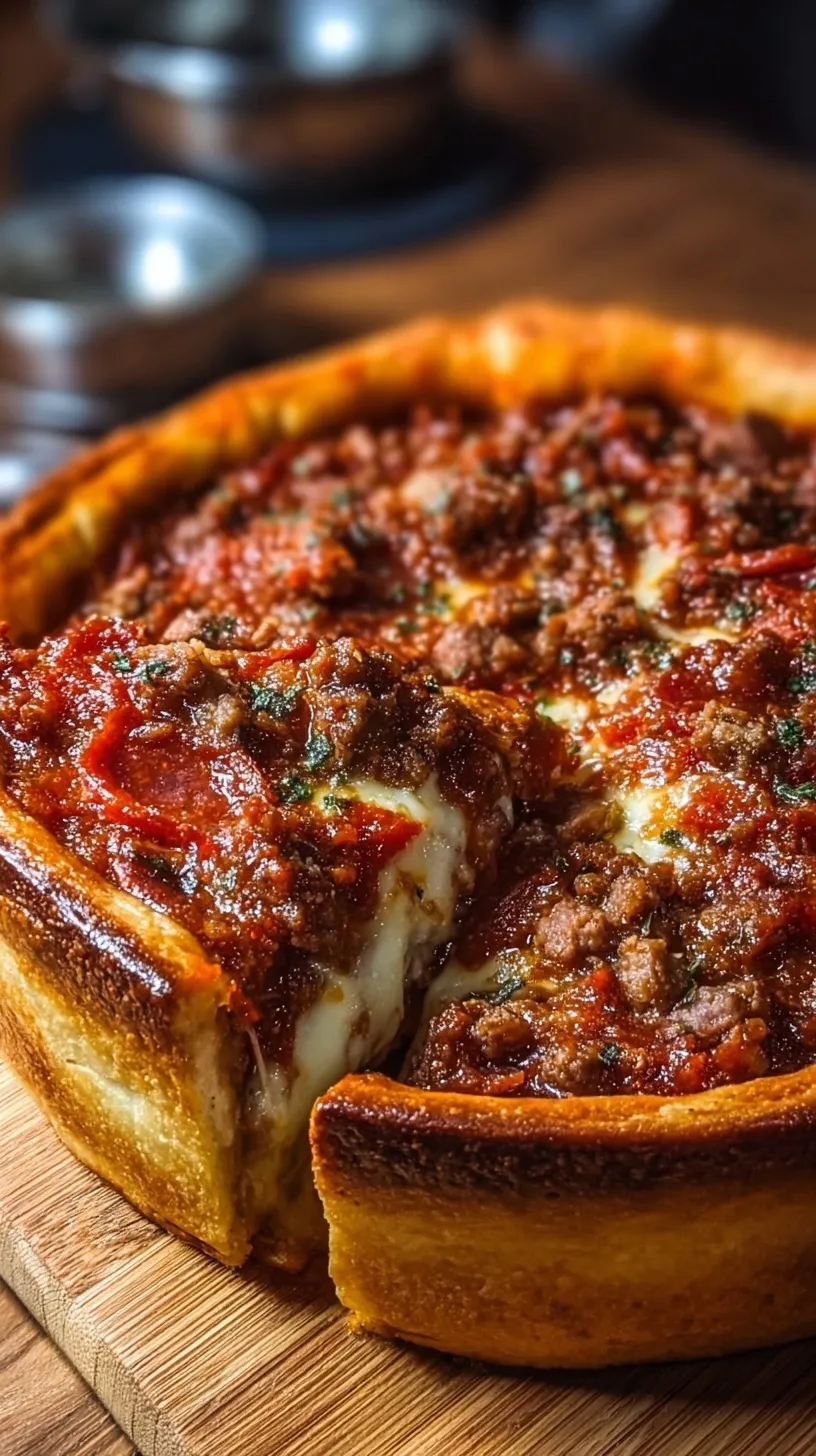 A thick slice of deep dish meat lover's pizza showing layers of cheese, sausage, pepperoni, and tomato sauce.
