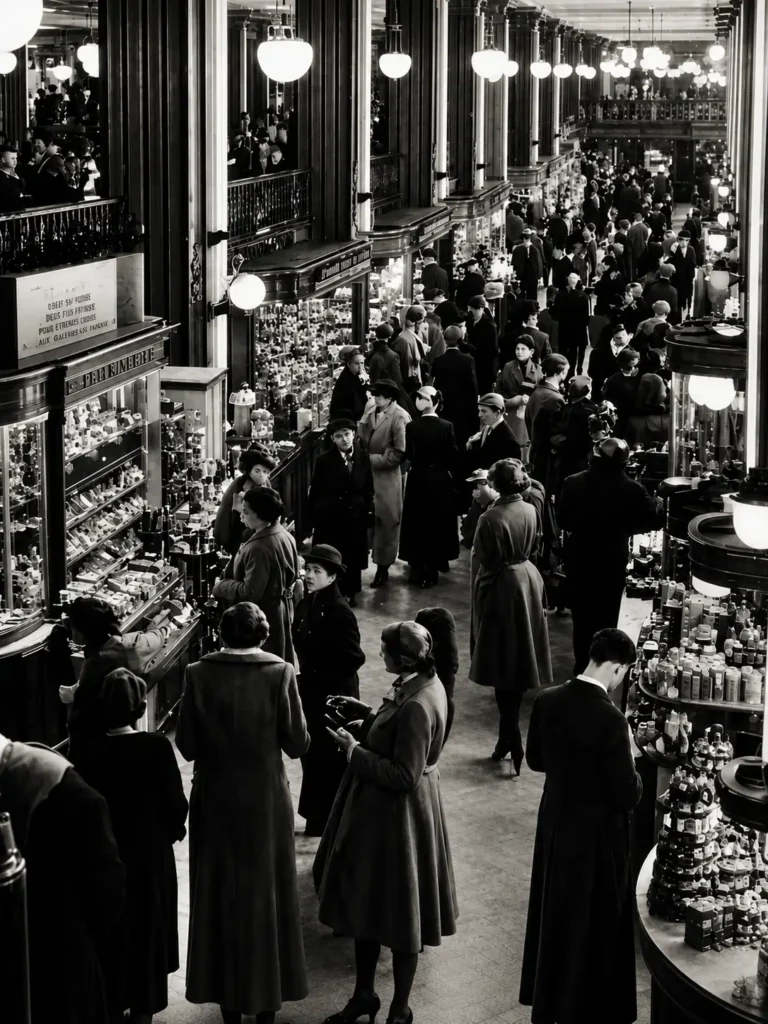 Vintage department store storefronts including Sears, Montgomery Ward, Woolworth, and Marshall Field's