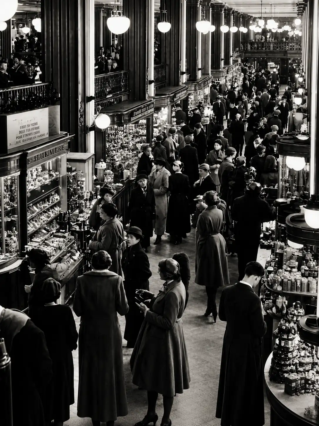 Vintage department store storefronts including Sears, Montgomery Ward, Woolworth, and Marshall Field's