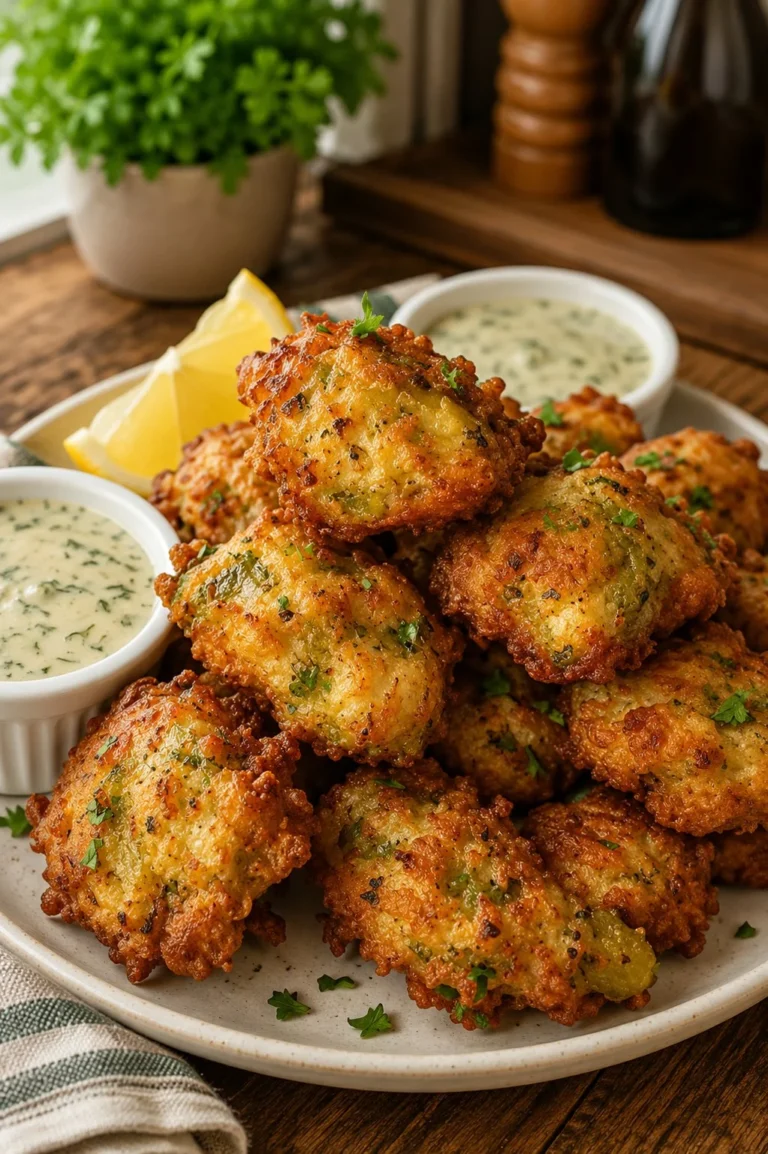Plate of crispy dill pickle chicken fritters served with dipping sauce
