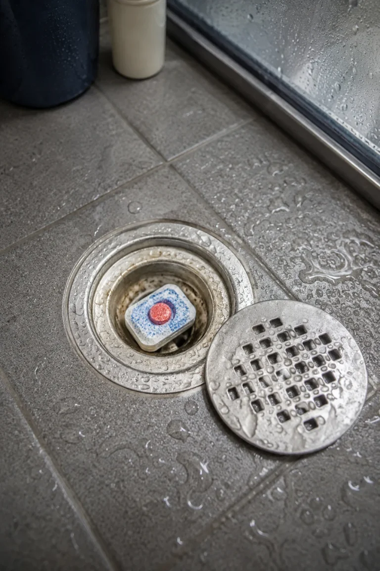 Dishwasher tablet placed near a shower drain as a household cleaning trick