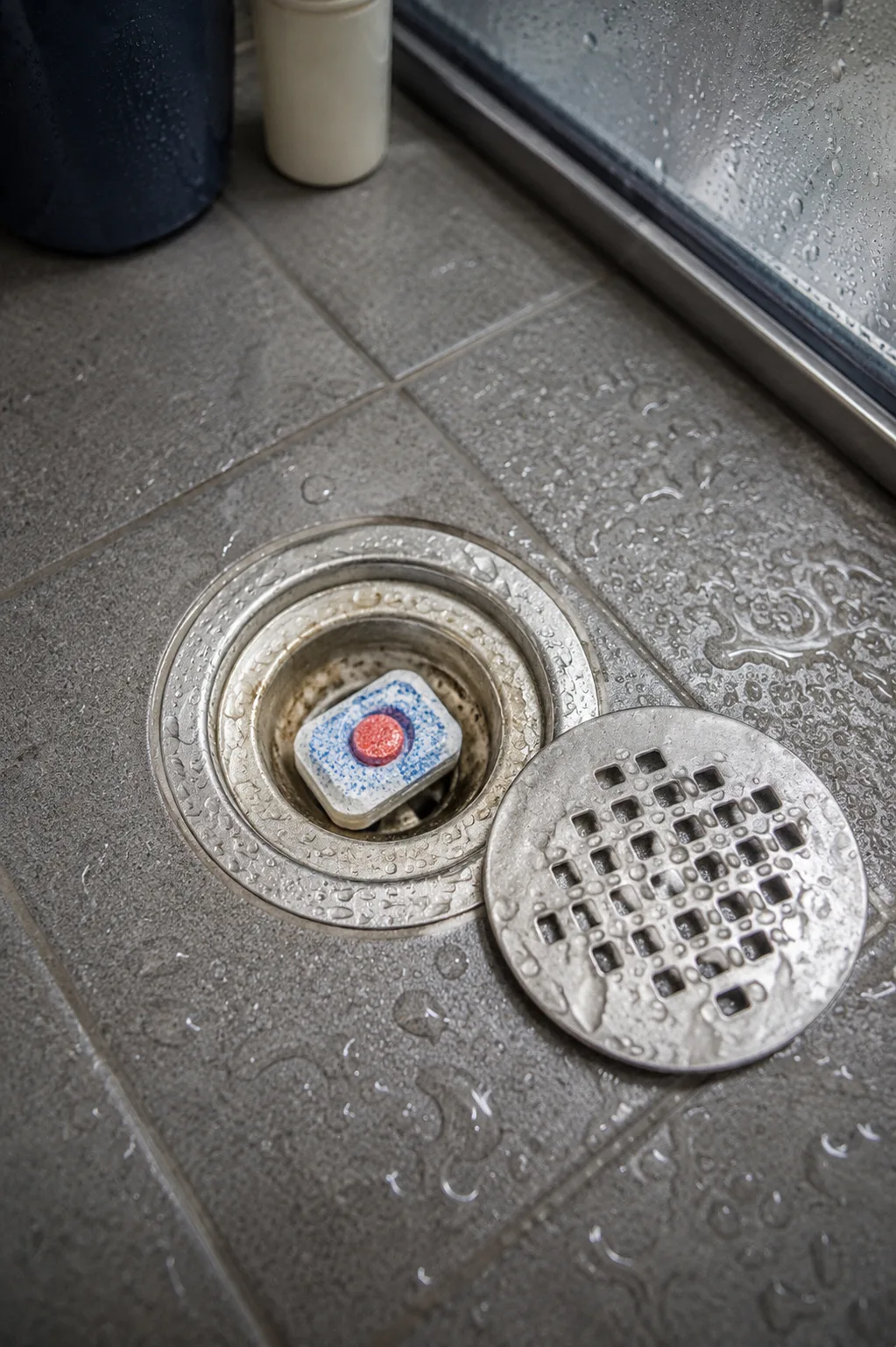 Dishwasher tablet placed near a shower drain as a household cleaning trick