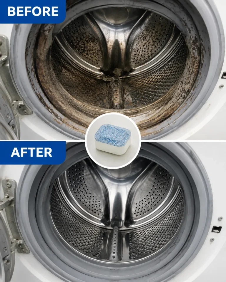 Dishwasher tablet sitting inside an empty washing machine drum before a cleaning cycle