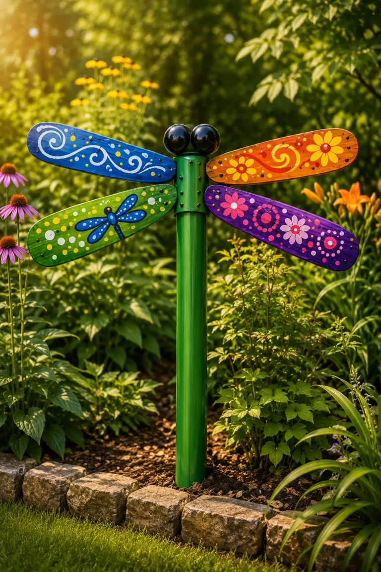 DIY giant garden flower made from four painted ceiling fan blades attached to a green PVC stem