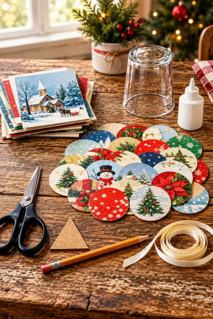 Handmade DIY Christmas card ornaments hanging on a tree