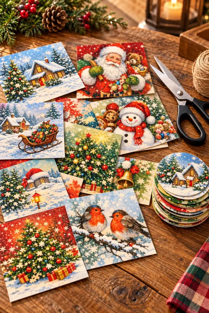 Handmade DIY Christmas card ornaments hanging on a tree