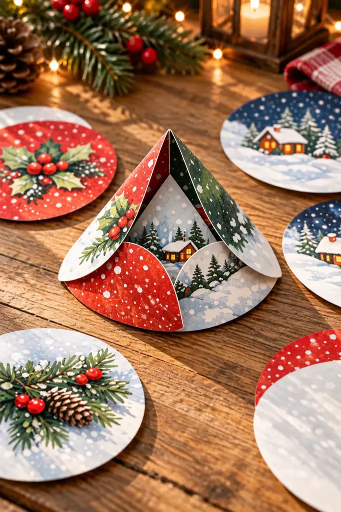 Handmade DIY Christmas card ornaments hanging on a tree
