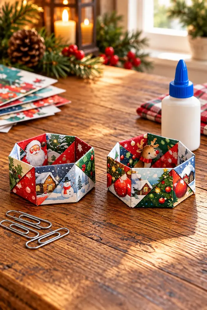 Handmade DIY Christmas card ornaments hanging on a tree