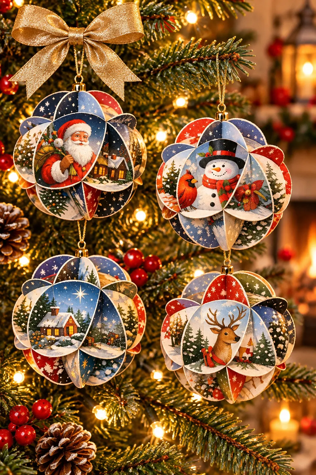 Handmade DIY Christmas card ornaments hanging on a tree