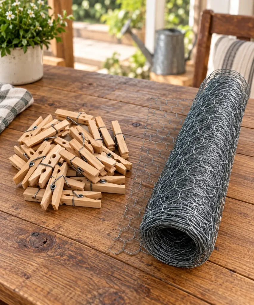 DIY clothespin lantern made with wooden clothespins and chicken wire
